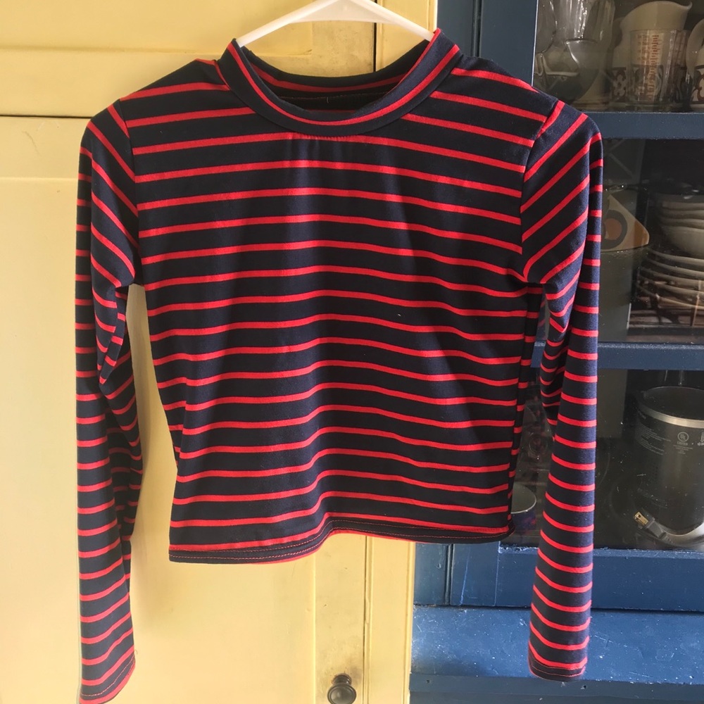 Navy and red striped turtle neck crop top